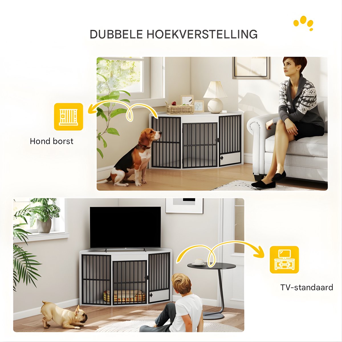 Hoek Hondenbench - Hondenkrat - Hondenkennel - Hoekvormig - Hondenhok - Voor Kleine & Middelgrote Honden - Wit