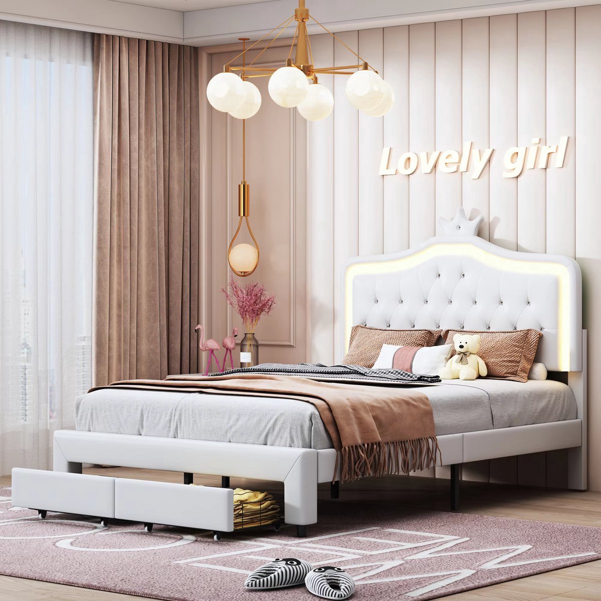 Kinderbed Fioren voor meisjes - 140x200cm - Gestoffeerd bed met 2 lades - LED-verlichting en rugleuning - Lattenbodem - Twijfelaar