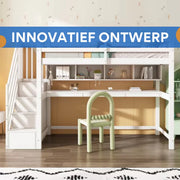 Luxe hoogslaper Vortex voor kinderen - 90x200 cm - Met bureau - Kinderbed - stapelbed - Met Hoektrap, valbeveiliging en raam - Peuterbed