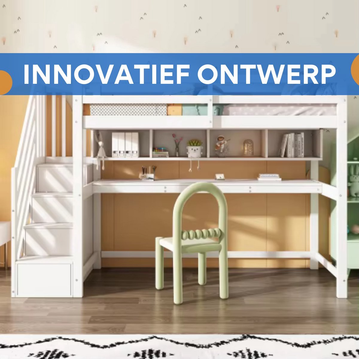 Luxe hoogslaper Vortex voor kinderen - 90x200 cm - Met bureau - Kinderbed - stapelbed - Met Hoektrap, valbeveiliging en raam - Peuterbed