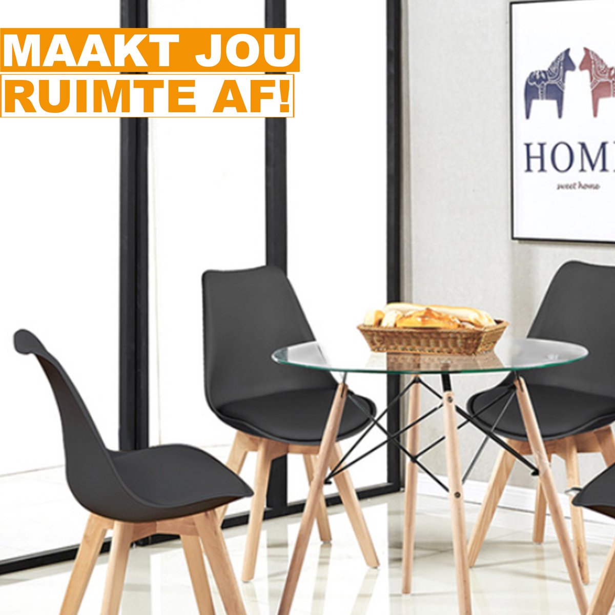 Happyment Eetkamertafel met stoelen - Woonkamerstoelen zwart - Keukentafel - Kuipstoel - Eethoek set van 4