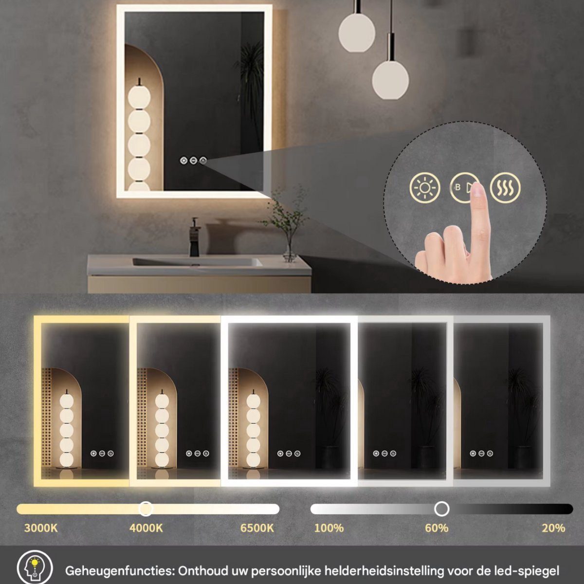 Badkamerspiegel Berlin - 40x50cm - Met verwarming en LED verlichting - Geen condens - Spiegel voor badkamer