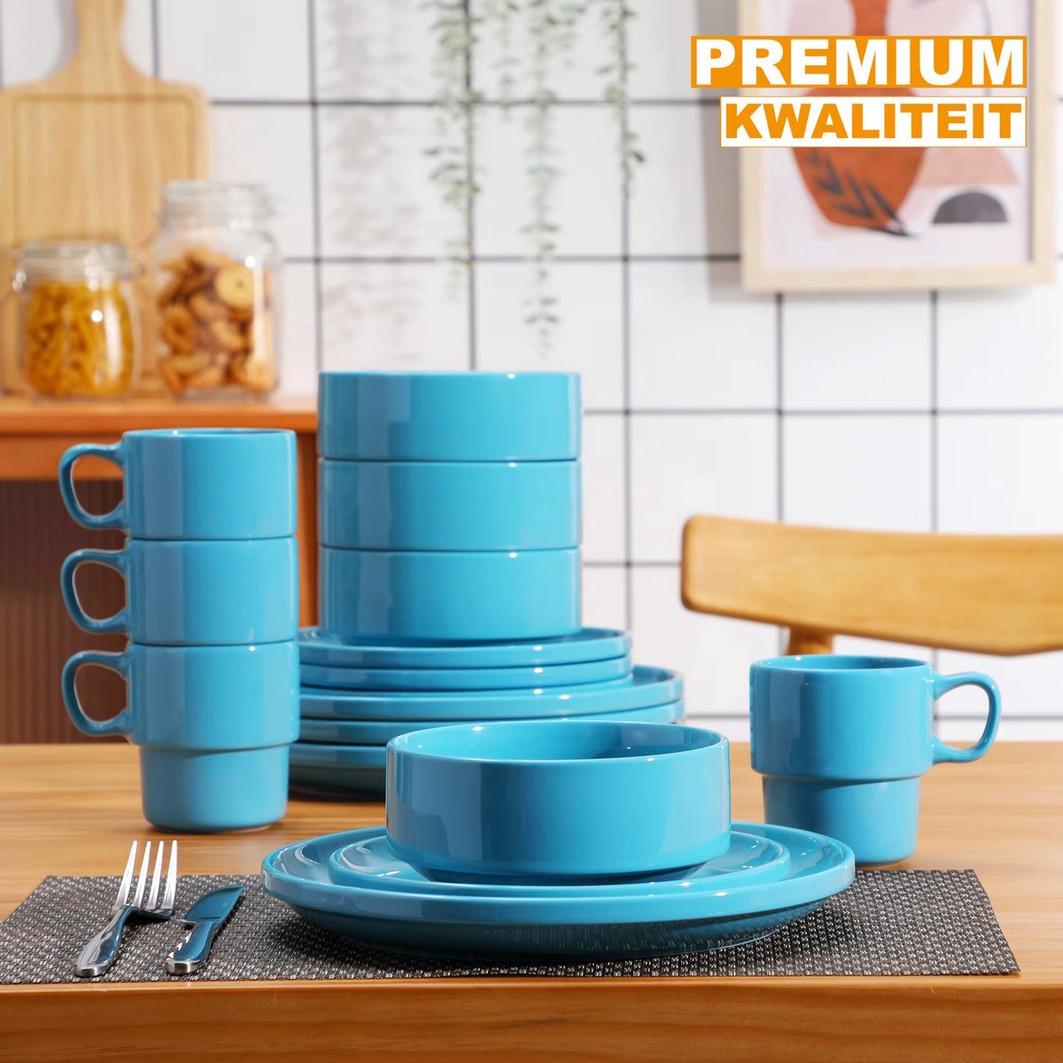 Zinovia Serviesset - 16 delig - 4 persoons - Baby blauw - Dinerborden - Bordenset - Diepe borden - Ontbijtborden - Servies - Keukenservies