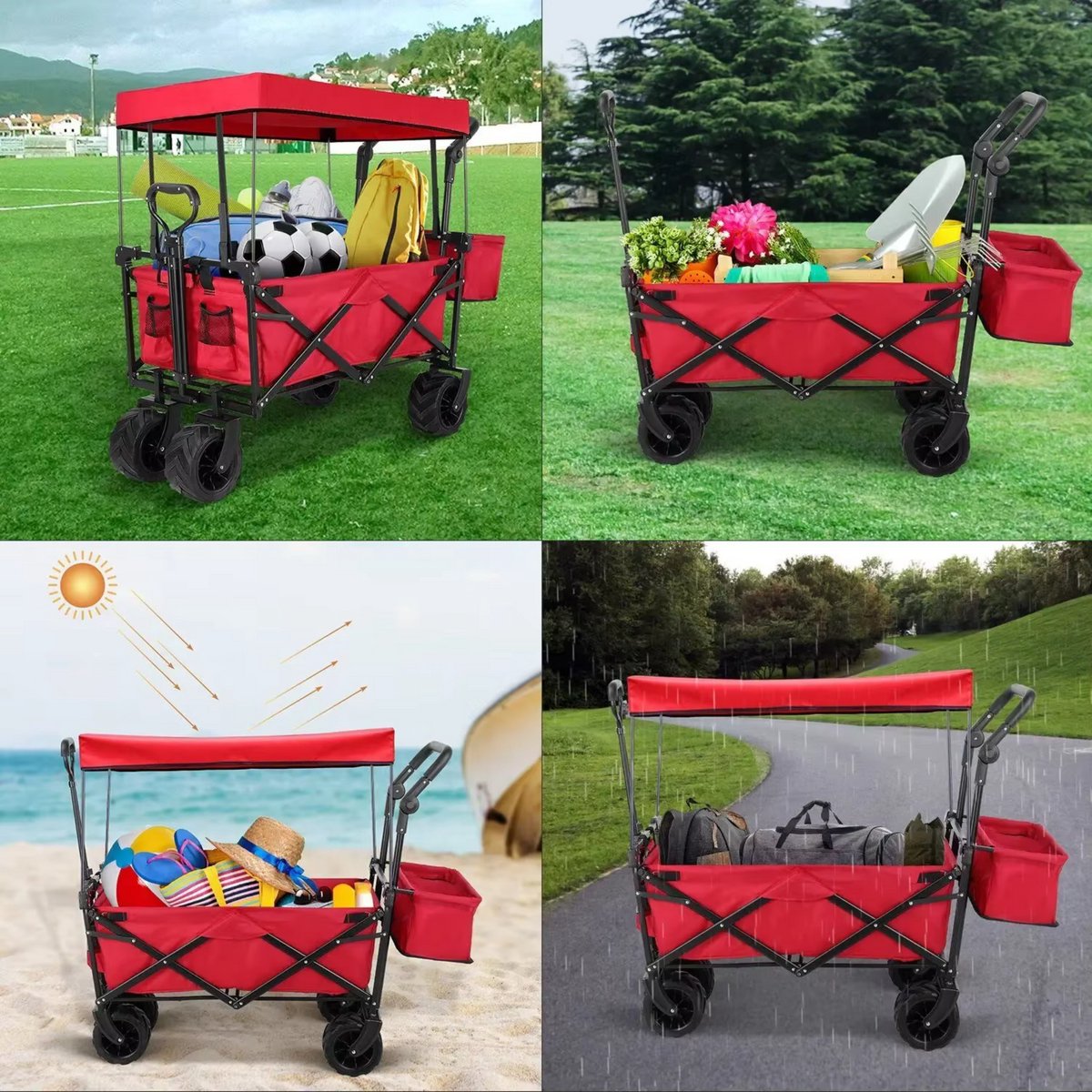 Opvouwbare bolderkar XL - 262L - Opvouwbaar tuinwagen - Met duwstang - Voor buitengebruik - Met verwijderbare luifel en 115 kg capaciteit - All terrain - Rood