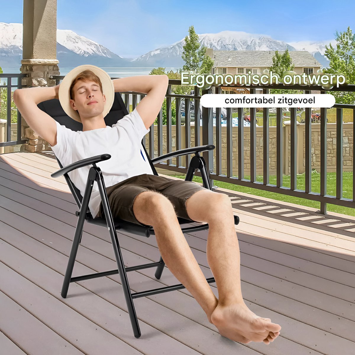 Tuinstoelen Tavien set van 2 - Inklapbaar - Lounge stoel - Rugleuning met 7 verstelbare instellingen, met armleuningen, weerbestendige buitenstoel aluminium structuur - Zwart