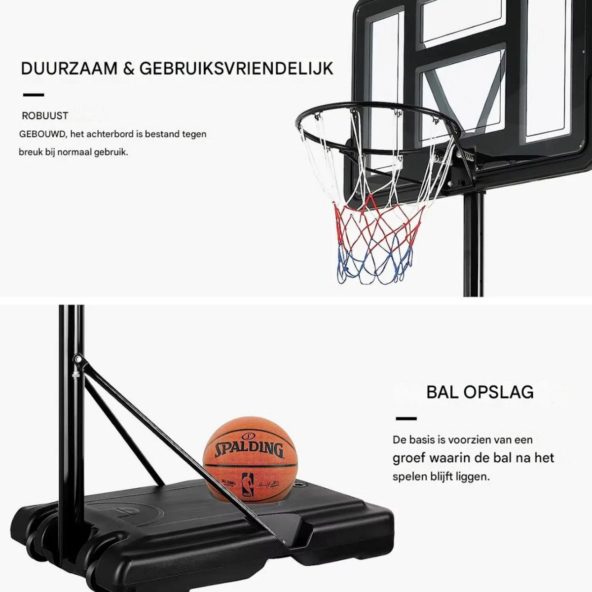 Basketbalpaal - Basketbalstandaard - Basketbalring - Met wielen - In Hoogte Verstelbare Ring - Water- en Zandgevulde Basis - Voor Kinderen en Volwassenen - Buitenshuis gebruik - Wit