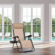 Opvouwbare stoel verstelbare stalen gaas - Zero Gravity lounge stoel - Fauteuils met kussens en bekerhouder - Beige - 2 Stuks