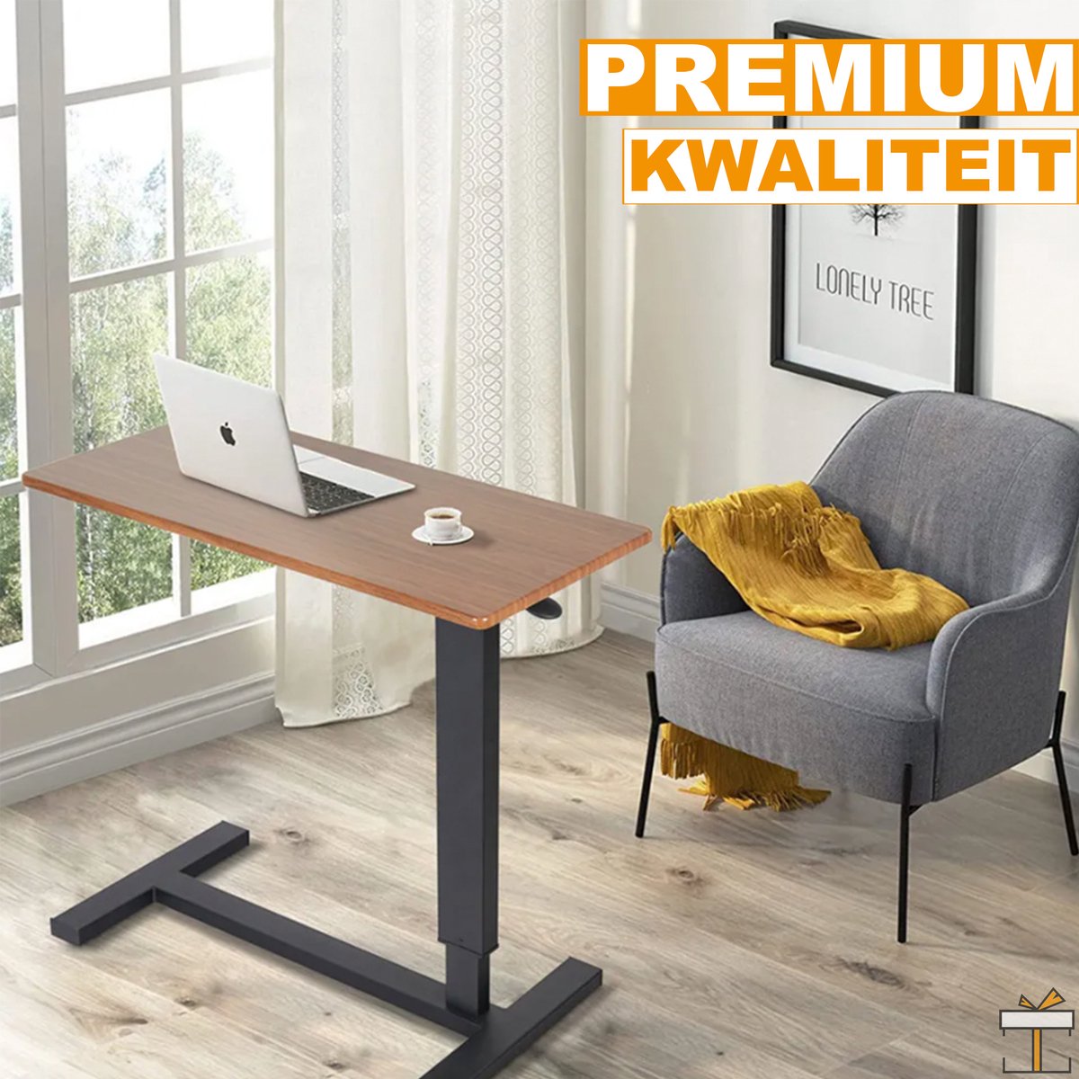 Happyment Laptoptafel Deluxe - Bijzettafel op wieltjes - Verstelbaar in hoogte 66-90cm - Ontbijt - Bed - vierkant / rechthoek