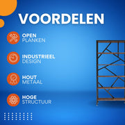Boekenkast - Boekenplank - Wandplank - Boekenrek - Voor opbergen / woonkamer / kantoor - Industrieel - met open planken - Rustiek Bruin 02