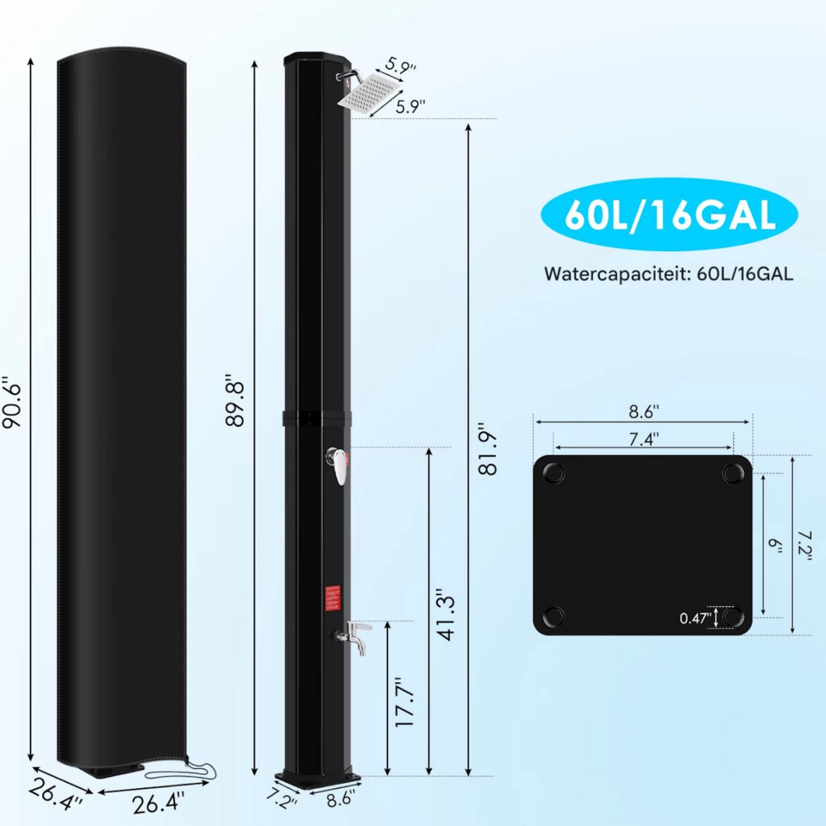 Vrijstaande Buiten Douche - Zwart - Tuindouche - Sauna douche - 360° Zonne-energie Douchekop en Voetspoeluitloop - Temperatuurgestuurd tot 60°C - Met Deksel - 60L
