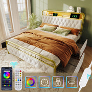 Bed - Tweepersoonsbedden - Tweepersoonsbed - Voor Slaapkamer - Met USB-C Oplaadfunctie, LED-verlichting & App-bediening - Metalen Bedframe met 4 Laden - Fluwelen Bekleding - 160x200cm