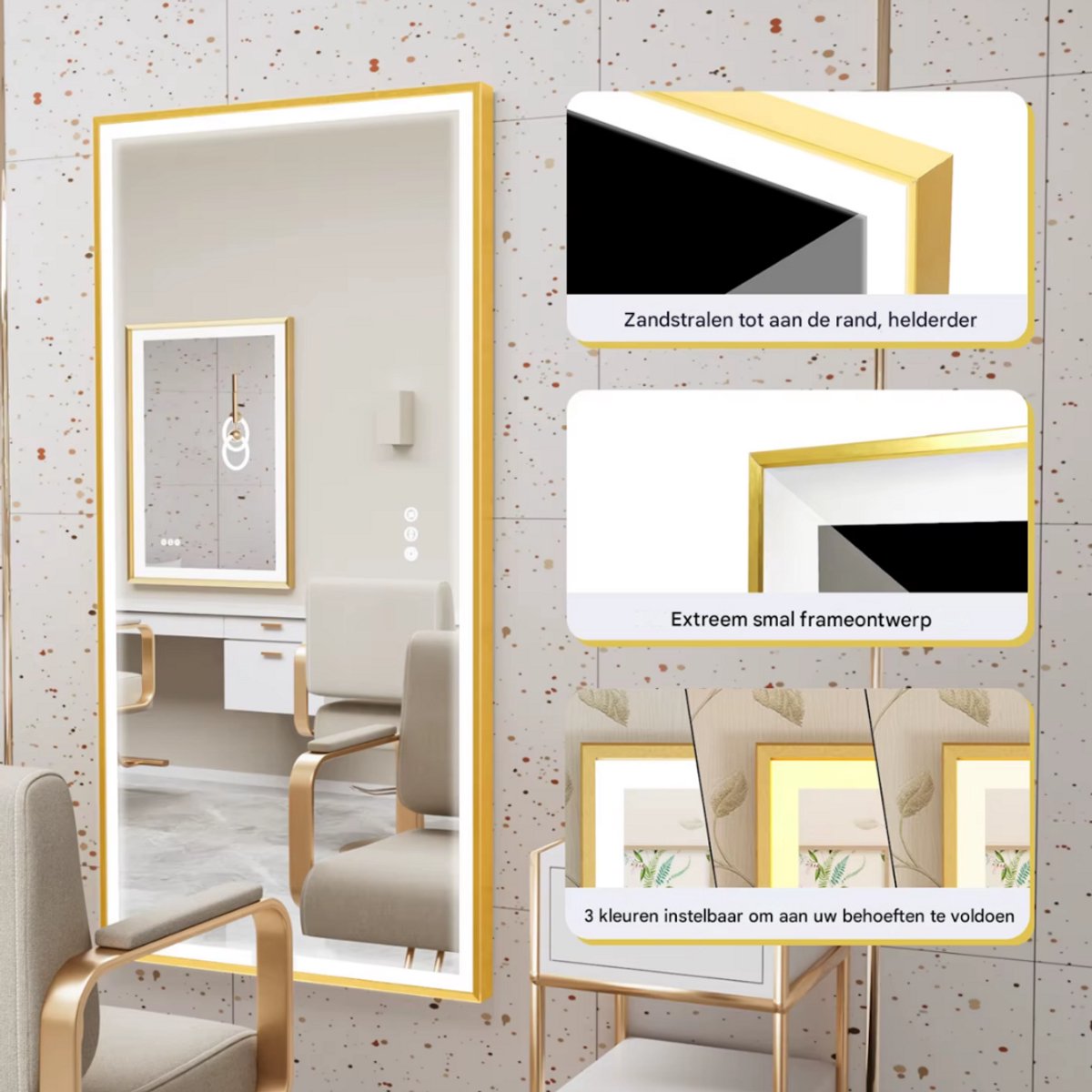 Opulence Wandspiegel - Rechthoekig - Goud - Spiegel met verlichting - Woonkamer of badkamer - 120x60cm