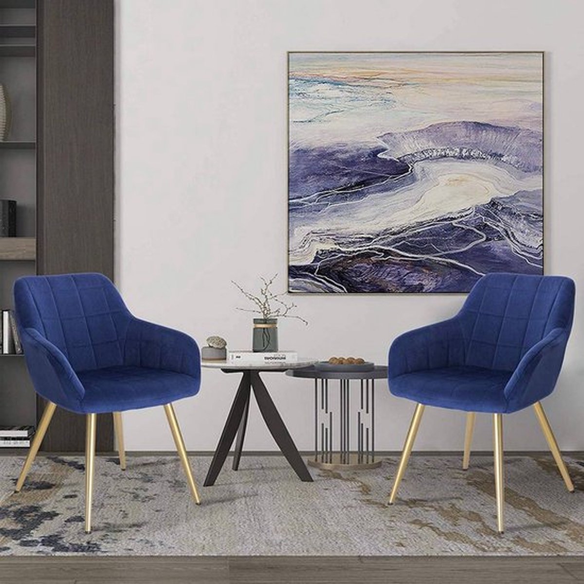 Stoel - Blauw Velvet - Gouden Poten - Eetkamerstoel - Zithoogte 47cm