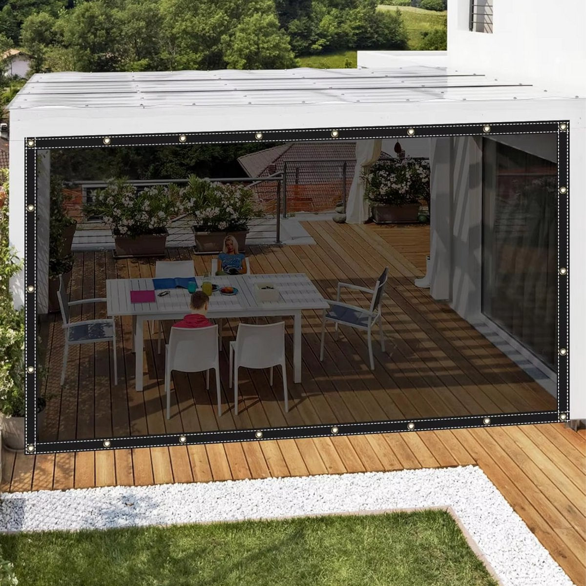 PVC Zeil - Met oogjes - Weerbestendig - Zeildoek - Voor veranda, kas, terras, tuin - Waterdicht & UV-bestendig - Donkergrijs transparant - 400x600cm