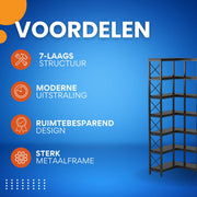 Boekenkast met 7 Lagen - Hoekkast - Zwart - Hoekrek - Voor Woonkamer, Slaapkamer of Kantoor