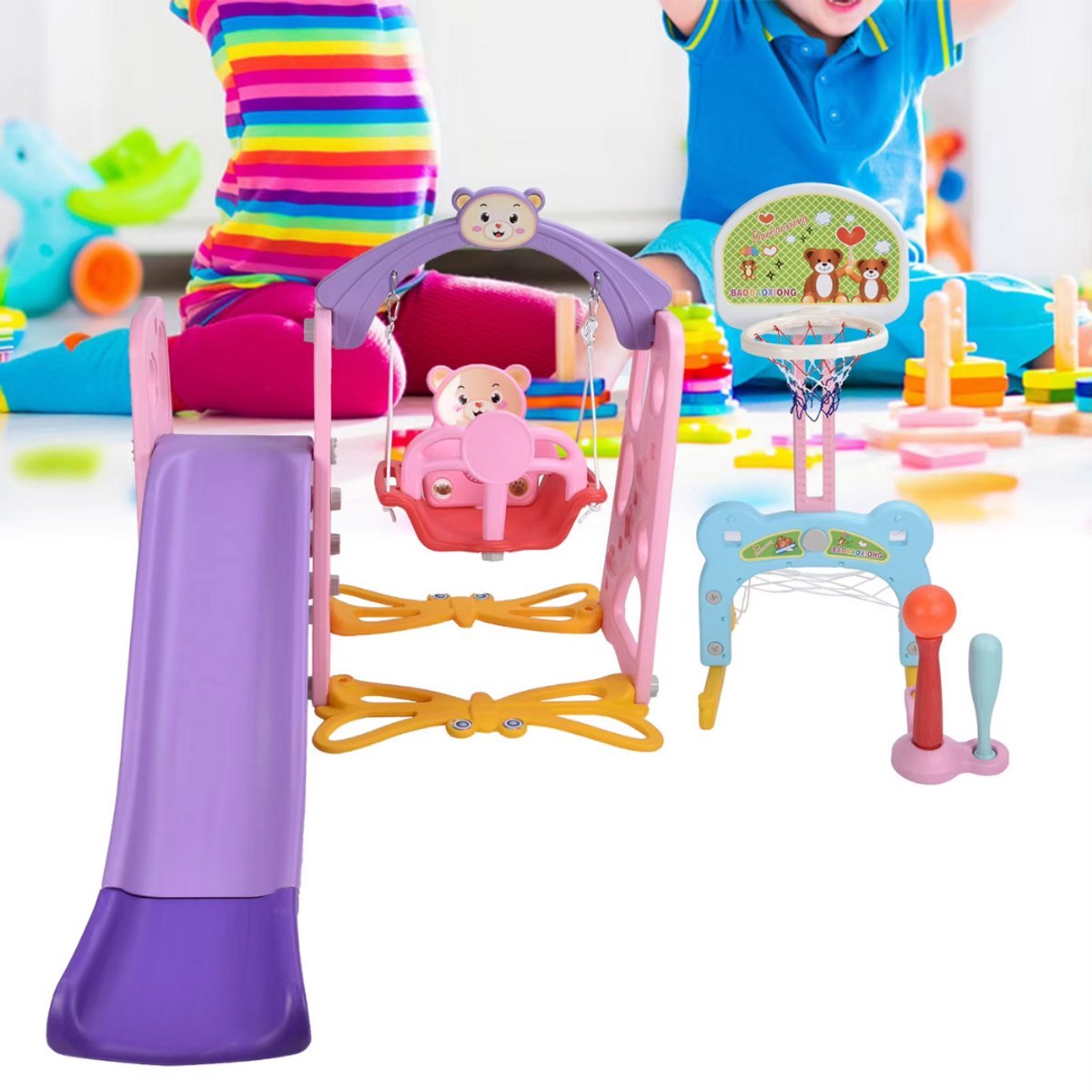Opulence Speeltoestel 5-in-1 - Glijbaan en schommel voor peuters - Voor binnen en buiten - Met basketbalring en klimrek - Kinderen