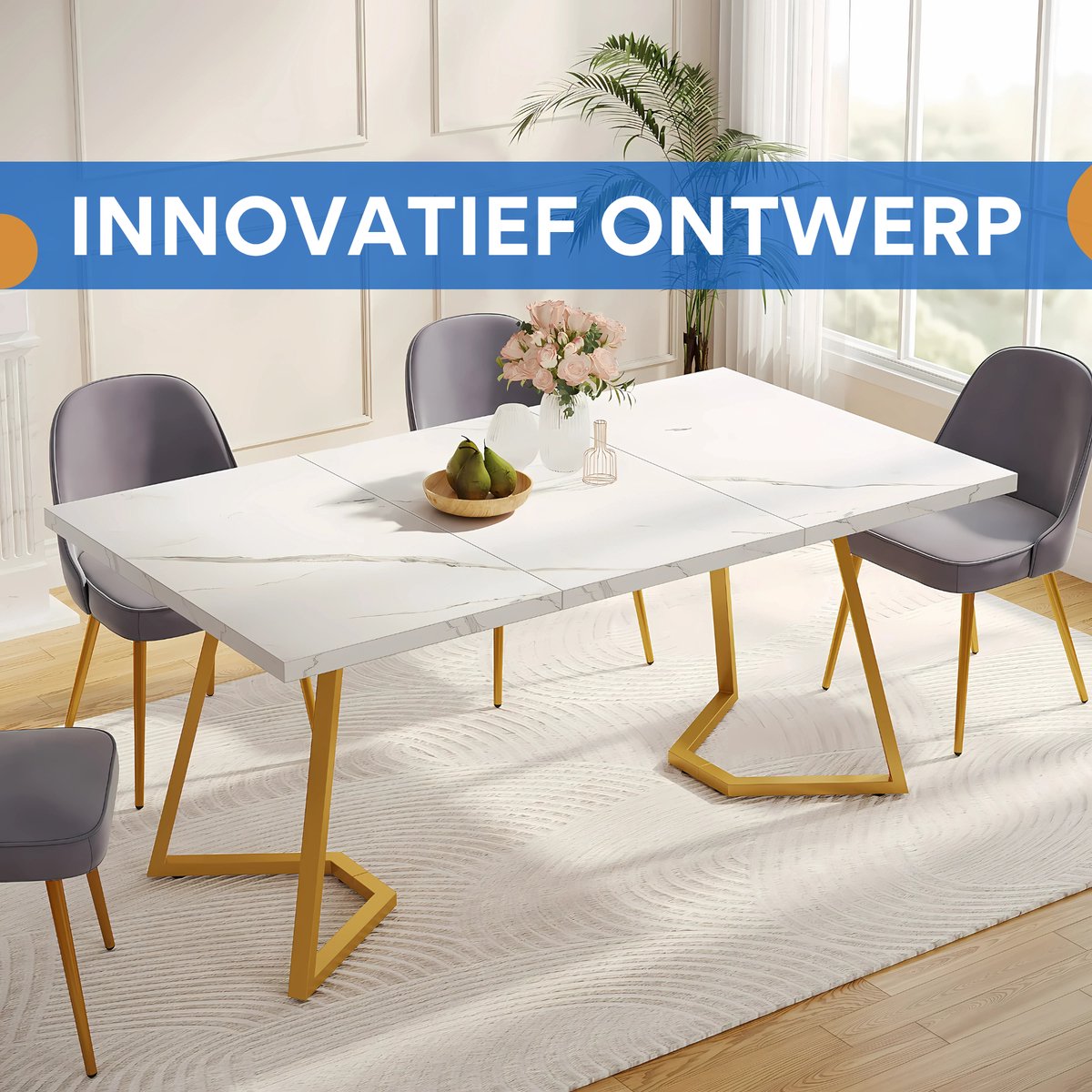 Moderne eetkamertafel Luvia - Woonkamer -Marmerlook Blad - 160cm