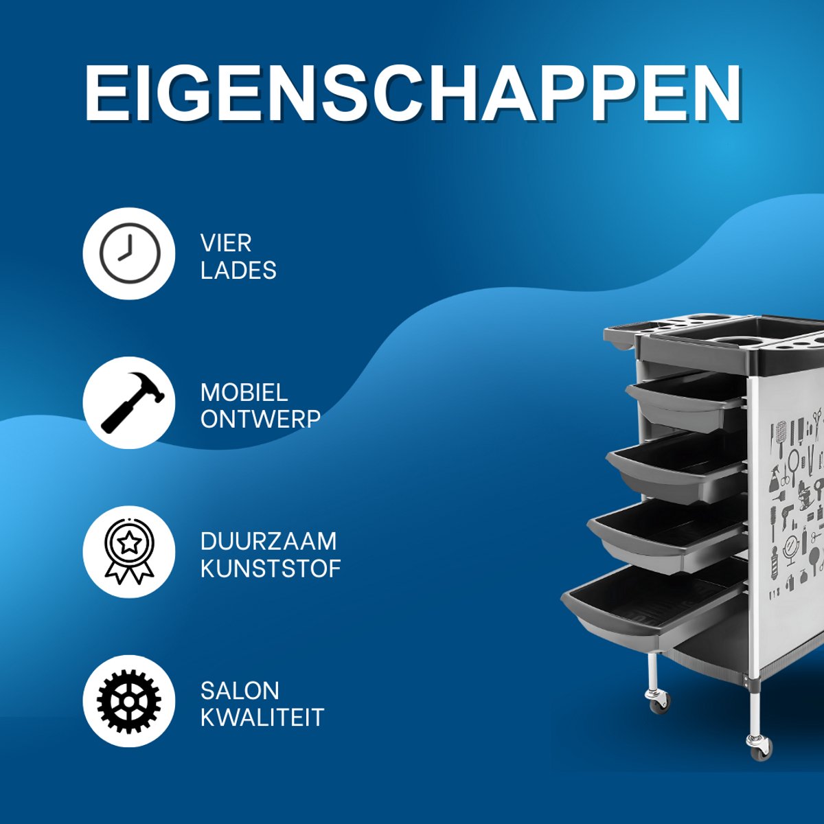 Kappers trolley Vera - Met wielen - Wit - Voor salons, spa’s en stylisten - Werkwagen