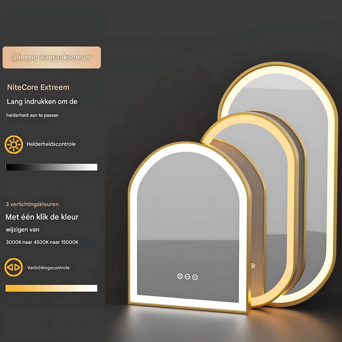 LED Badkamerspiegel Valora - Met verlicht - Gouden Frame - Dimbaar - Make up - Ovale spiegel - Anti-mist - 50x80cm