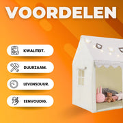 Kindertent - Speeltent - Voor Jongens & Meisjes (1-8 Jaar) - Speelhuis met Mat, Verlichting & Vlagbanner - Voor binnen - Inclusief Ramen - Beige
