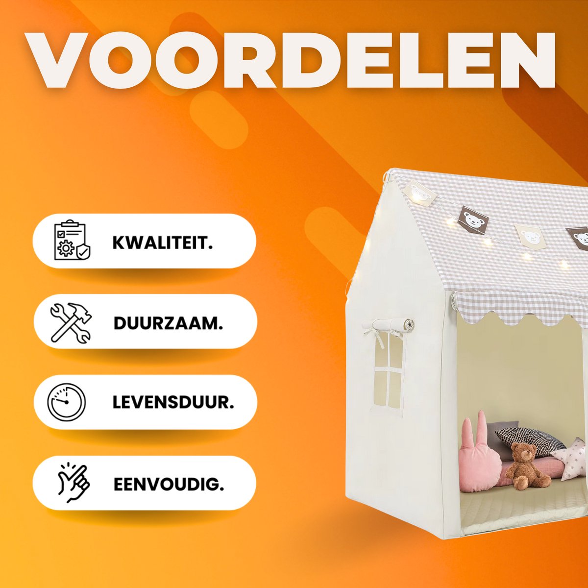 Kindertent - Speeltent - Voor Jongens & Meisjes (1-8 Jaar) - Speelhuis met Mat, Verlichting & Vlagbanner - Voor binnen - Inclusief Ramen - Beige