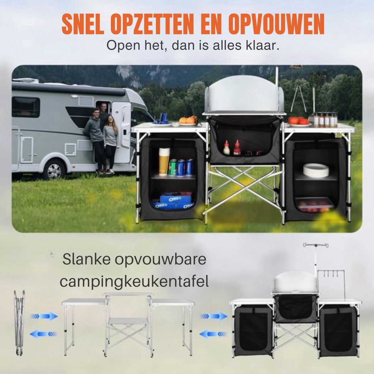Opvouwbare campingkeuken - Opvouwkeuken - Met BBQ plaats - Inclusief opbergtas - Zwart