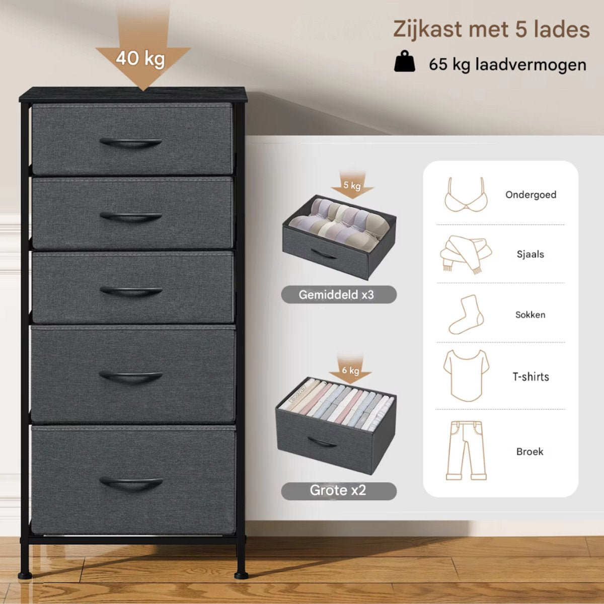 Woonkamerkast Zyrell - Voor Opbergen in Woonkamer of Hal - Industrieel Dressoir met 5 Lades - Rustiek Bruin Metaal en Stof