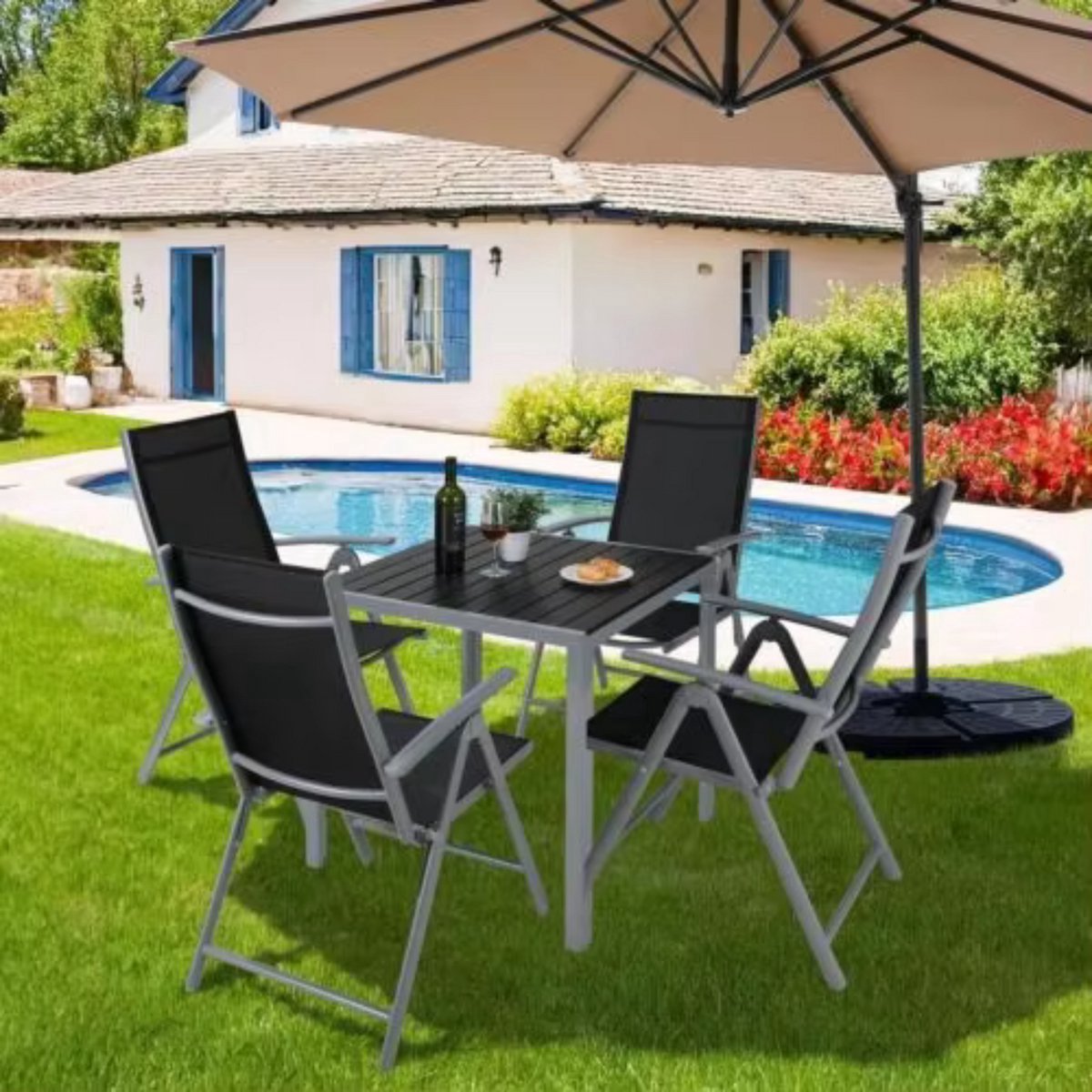 Tuinset met tuinstoelen Tavien - Tuintafel - 4 personen - Balkonset - 5-delige tuinmeubels - Aluminium - Klapstoelen - Zwart/zilver