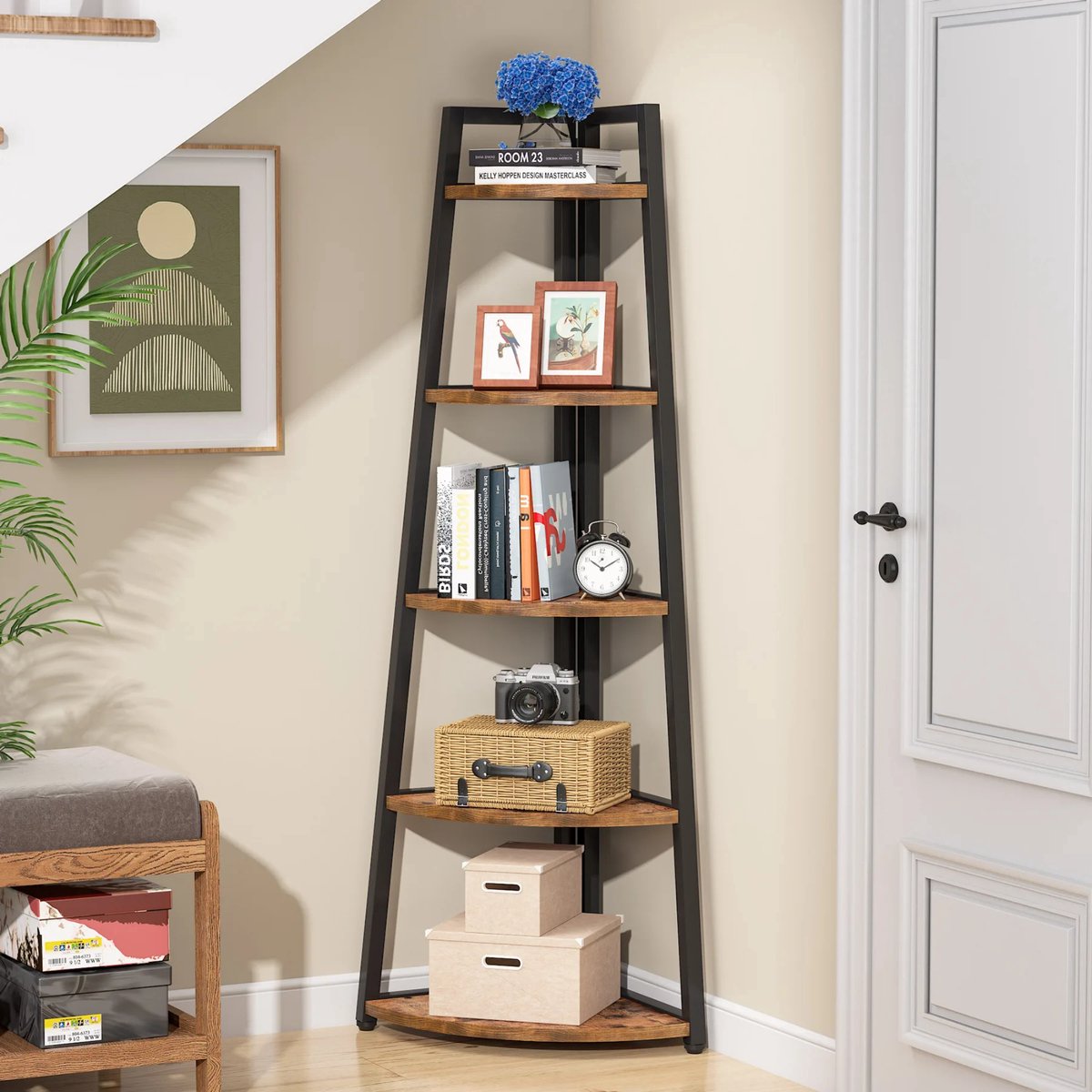Hoekkast Larevo - Vakkenkast 180cm - Boekenrek Hoekmeubel - Opbergrek 5 Lagen - Zwart en Bruin