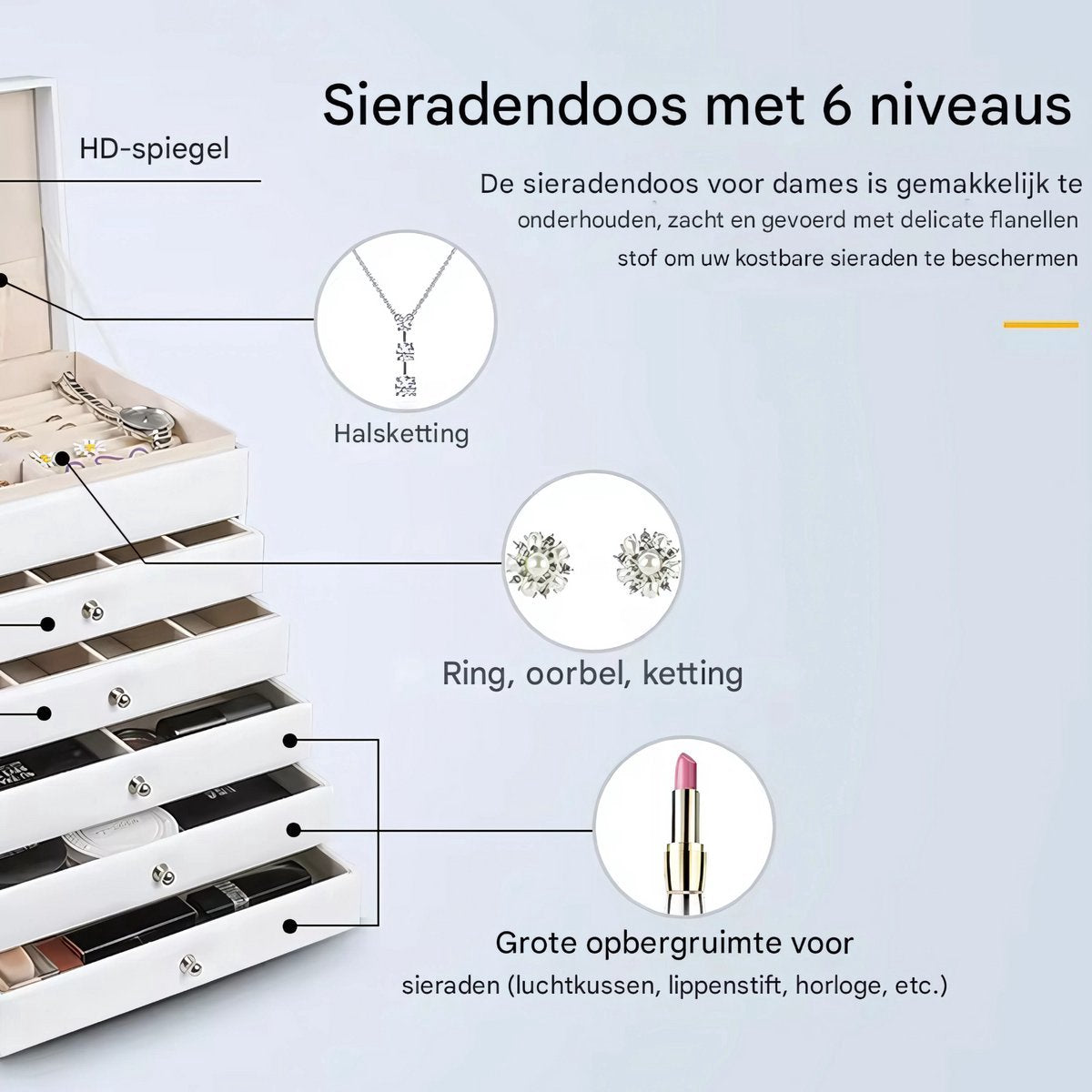 Sieradendoos Valora - Juwelendoos - Sieradenhouder - Organizer - Juwelenkistje - Dames bijouteriedoos - Sieradenopslag met Lades voor Kettingen, Horloges, Ringen, Oorbellen en Armbanden - Wit