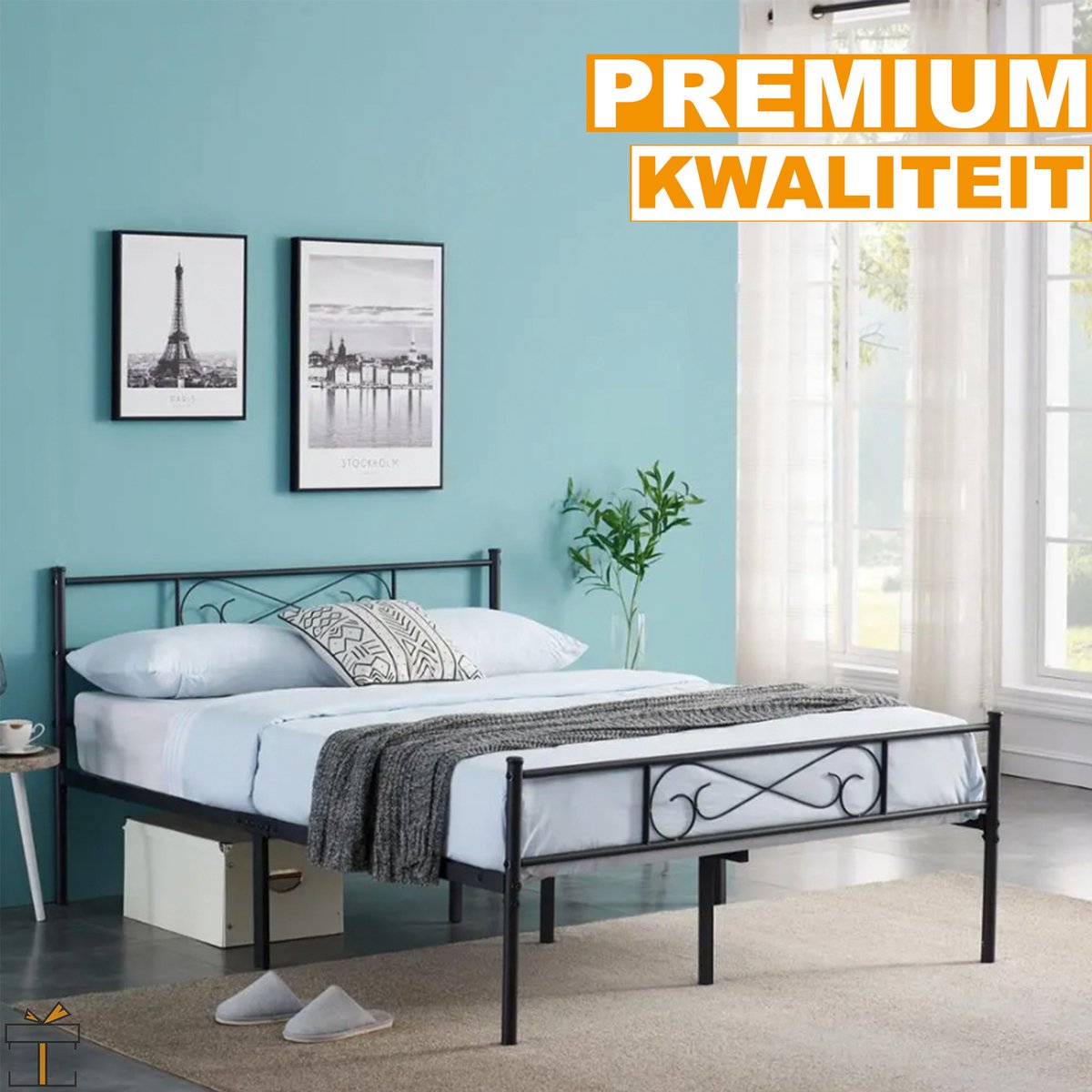 Happyment Luxe Bedframe Metaal - 2 persoons twijfelaar - 140 x 200cm - Incl. lattenbodem - Zwart