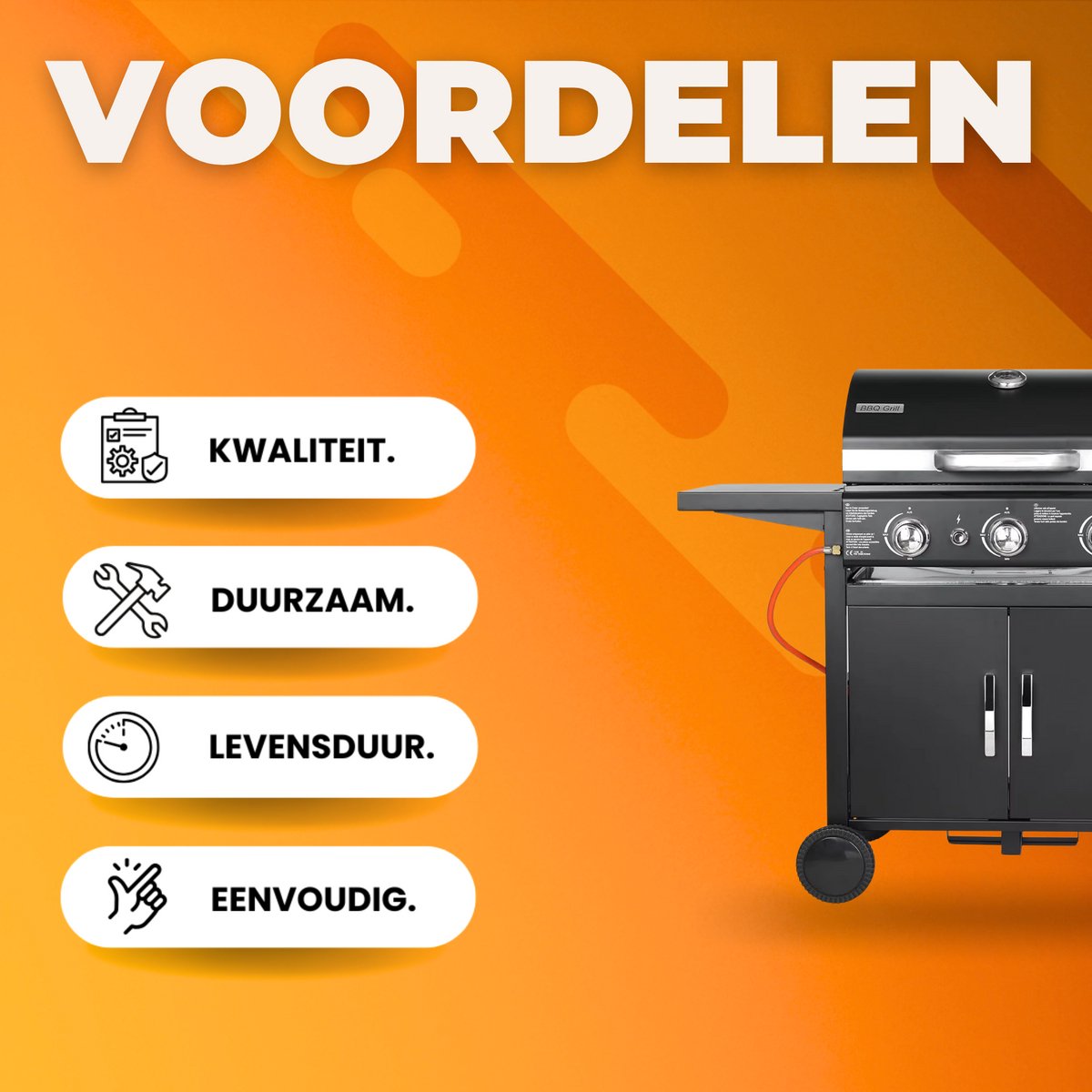 Propaangas BBQ-Grill met 3 Branders - Gas barbecue - Gietijzeren Roosters, Impulsontsteking & Thermometer