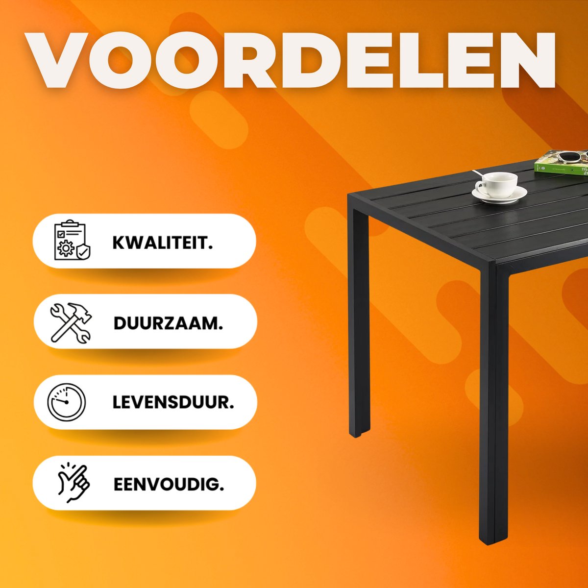 Tuintafel - Buitentafel - Eettafel buiten - Outdoor - Voor Tuin & Terras - Rechthoekige Aluminium Tafel met Metalen Lattenbodem -110x70x73 cm - Zwart