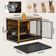 Houten Hondenbenche - Hondenren - Hondenkrat Bijzettafel met Afneembare Kommen en Dienblad - Dubbele Deuren Hondenkennel voor Middelgrote Honden Binnen - 112 x 75 x 84 cm - Grijs