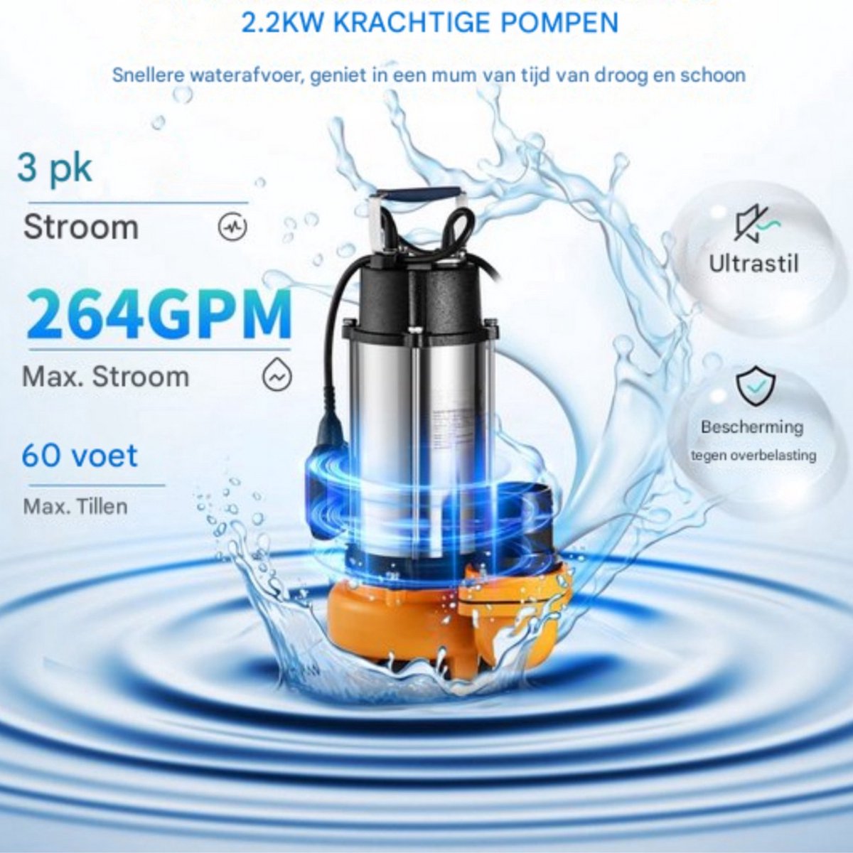 Dompelpomp - 6000L/u - Waterpomp Vuil water - 2200W - Elektrisch Tuinpomp - Met vlotter