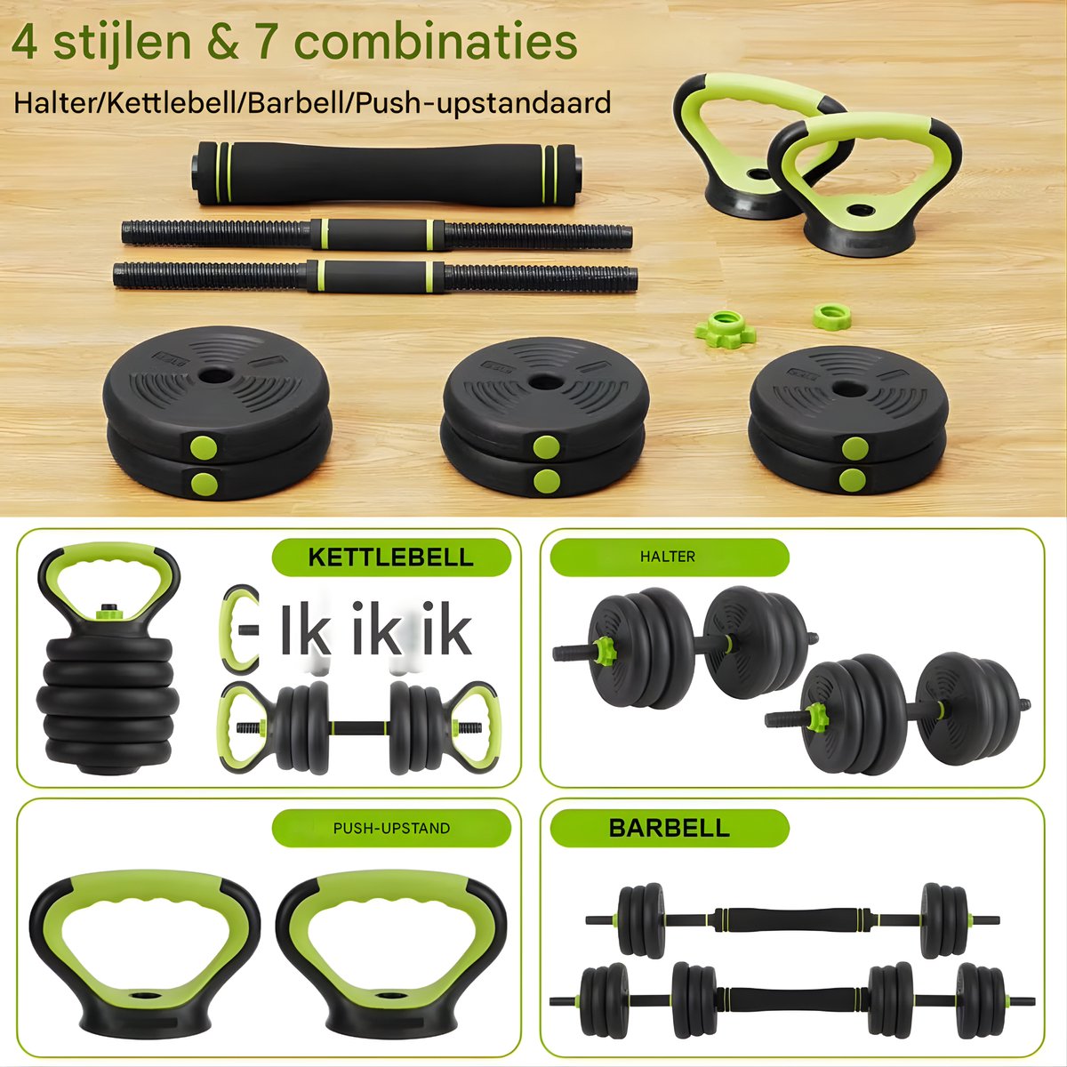 Verstelbare Halterset - Haltergrepen - Verstelbare dumbbells - Voor Thuisgym & Fitnessoefeningen - Dumbbell, Halter, Kettlebell & Push-Up Set - Multifunctioneel Trainingsgewicht - 20kg