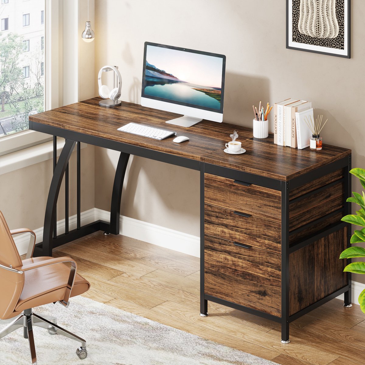 Computerbureau Luvia - Met 3 lades - 150cm - Bruin - Bureau - Voor thuis of werk en meer