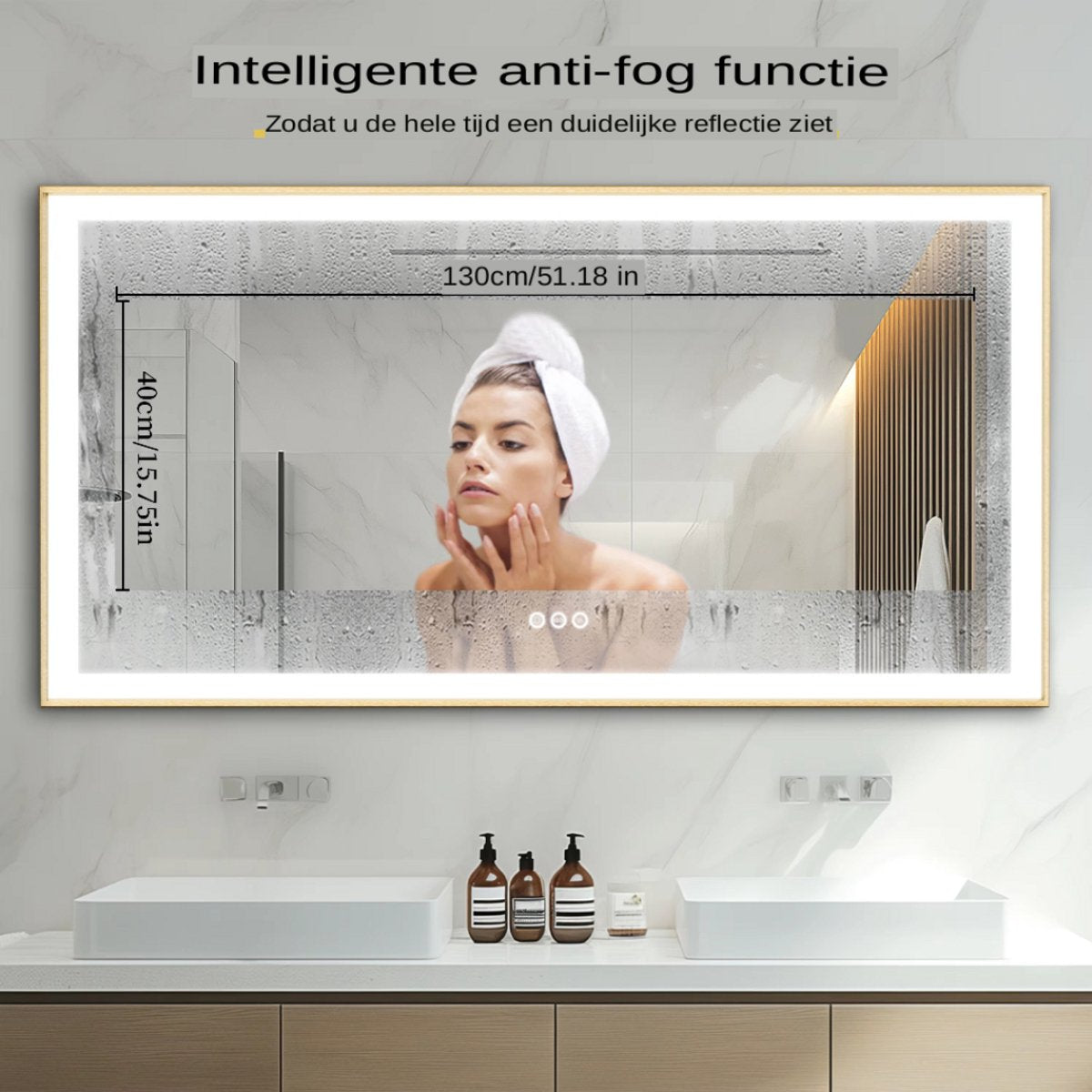 LED Badkamerspiegel met Verlichting - Rechthoek XL 140×70 cm - Goudkleurig Aluminium Frame - Touchbediening - Anticondens Wandspiegel