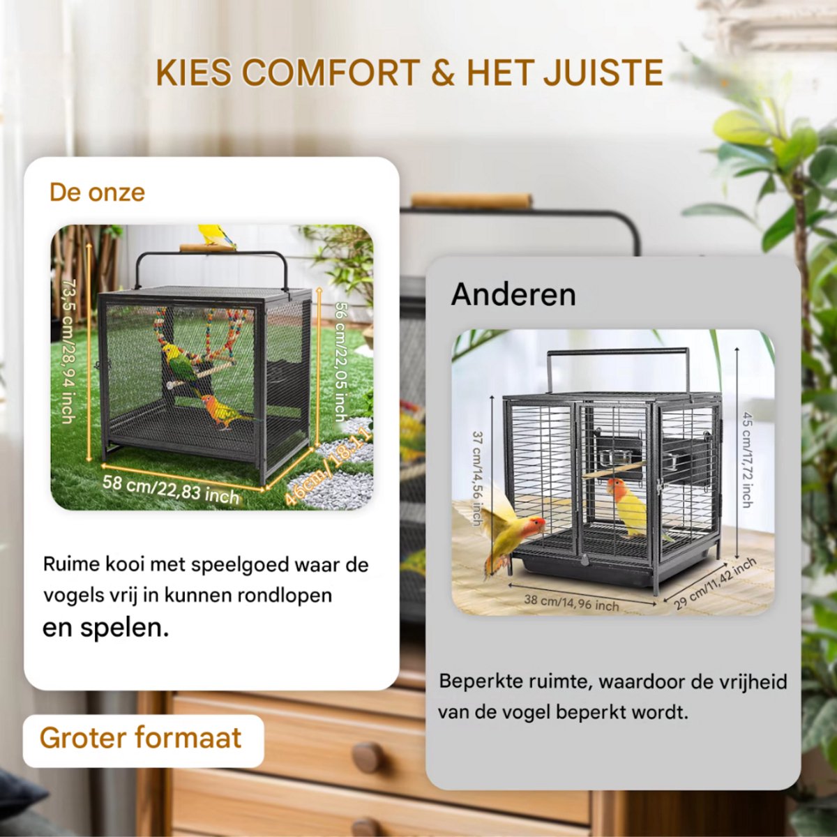 Metalen Vogelkooi - Voor Papegaaien en Parkieten - Reizen - Binnen - Met Hangmat, Zitstok en Reisdraagfunctie - 56 cm hoog met verwijderbaar blad