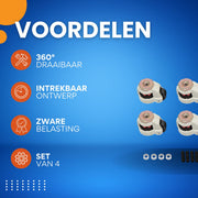Set van 4 Zwenkwielen - Wielen - Industriële wielen - Transportwielen - Trolley wielen - Voor Tafels & Zware Apparatuur - Intrekbaar & 360° Draaibaar - 4 Stuks GD-60S, Tot 500 kg