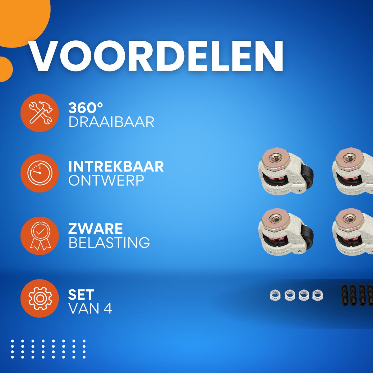 Set van 4 Zwenkwielen - Wielen - Industriële wielen - Transportwielen - Trolley wielen - Voor Tafels & Zware Apparatuur - Intrekbaar & 360° Draaibaar - 4 Stuks GD-60S, Tot 500 kg