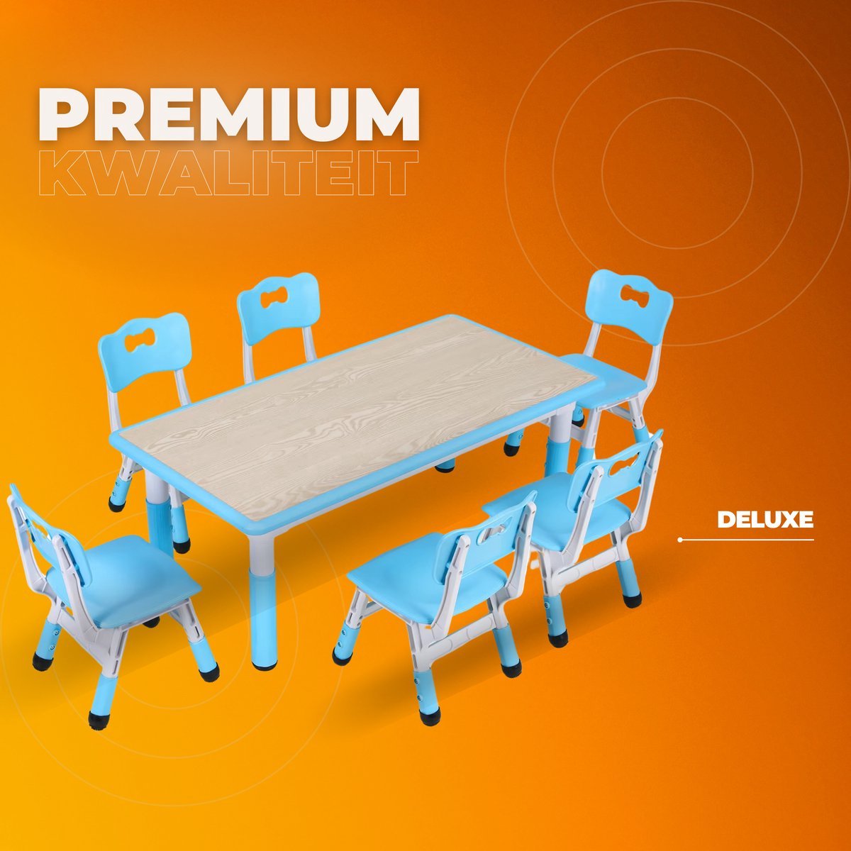 Kindertafel Tavien en 4-Stoelenset - In Hoogte Verstelbare Tafel voor Peuters voor Studie, Schrijven en Spelen - Activiteitstafel en Stoelen voor Kinderen - Blauw - 120x60cm