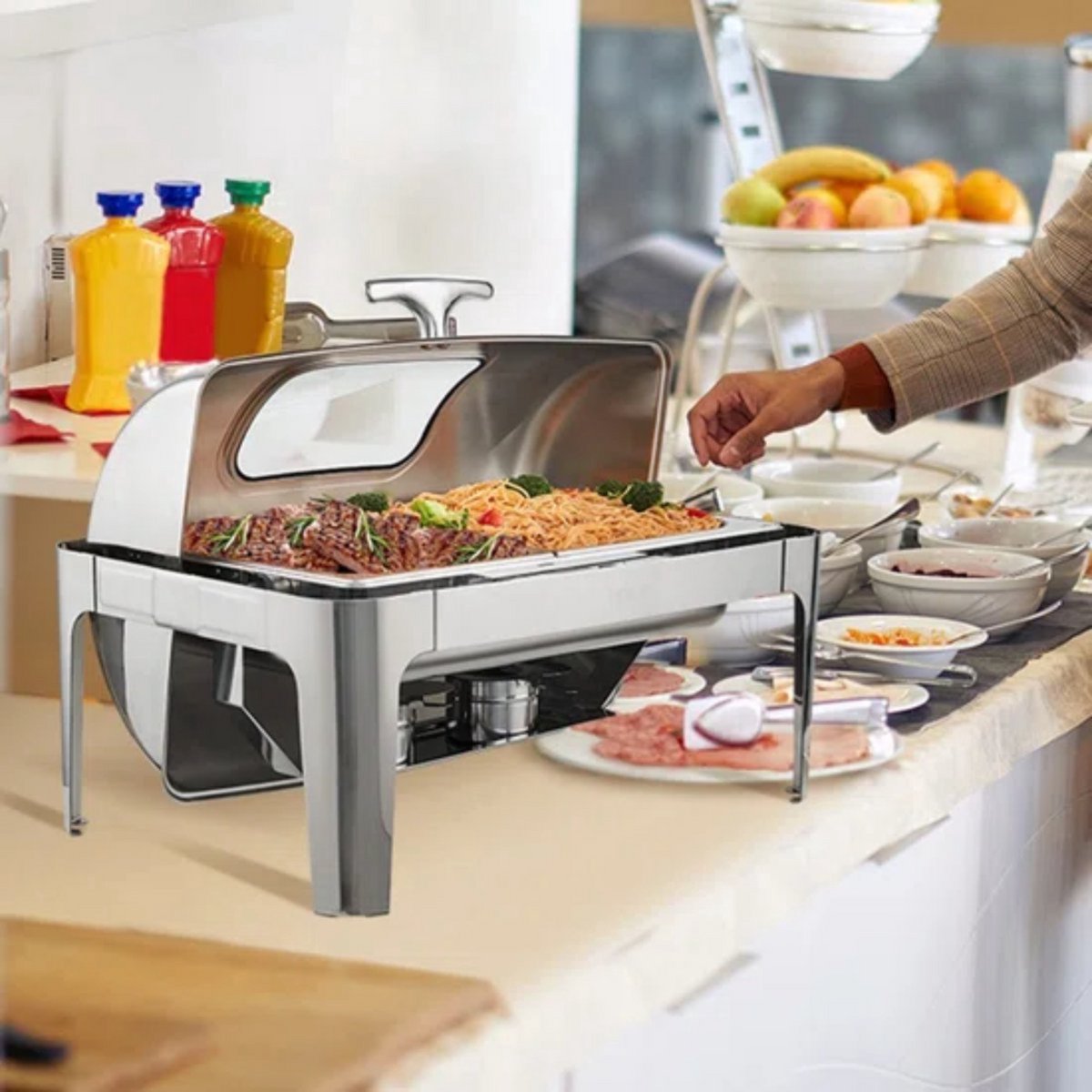 Buffetwarmer XL - Kijkglas - RVS - Warmhoudplaat - Voedselverwarmer met deksel - Chafing dish - Warmhoudbakken - 10L