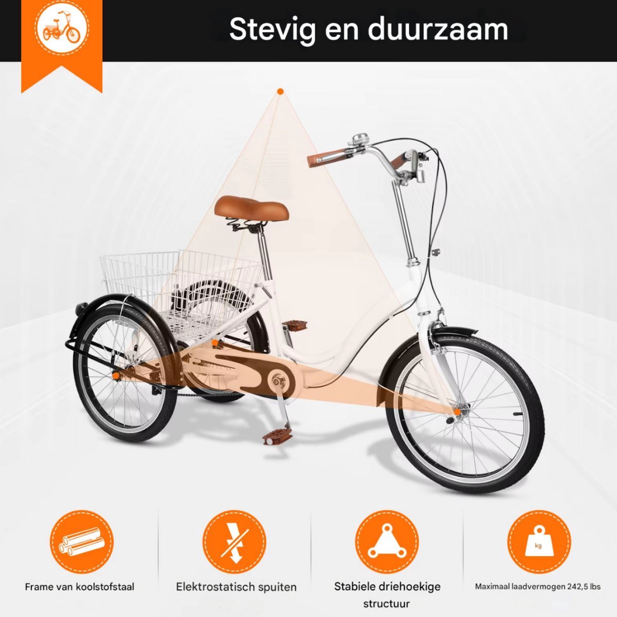 Opulence Driewieler - 6 versnellingen - Fiets voor volwassenen en senioren - 20 Inch - Verstelbaar - Met mand - Voorrem - Wit - 120KG
