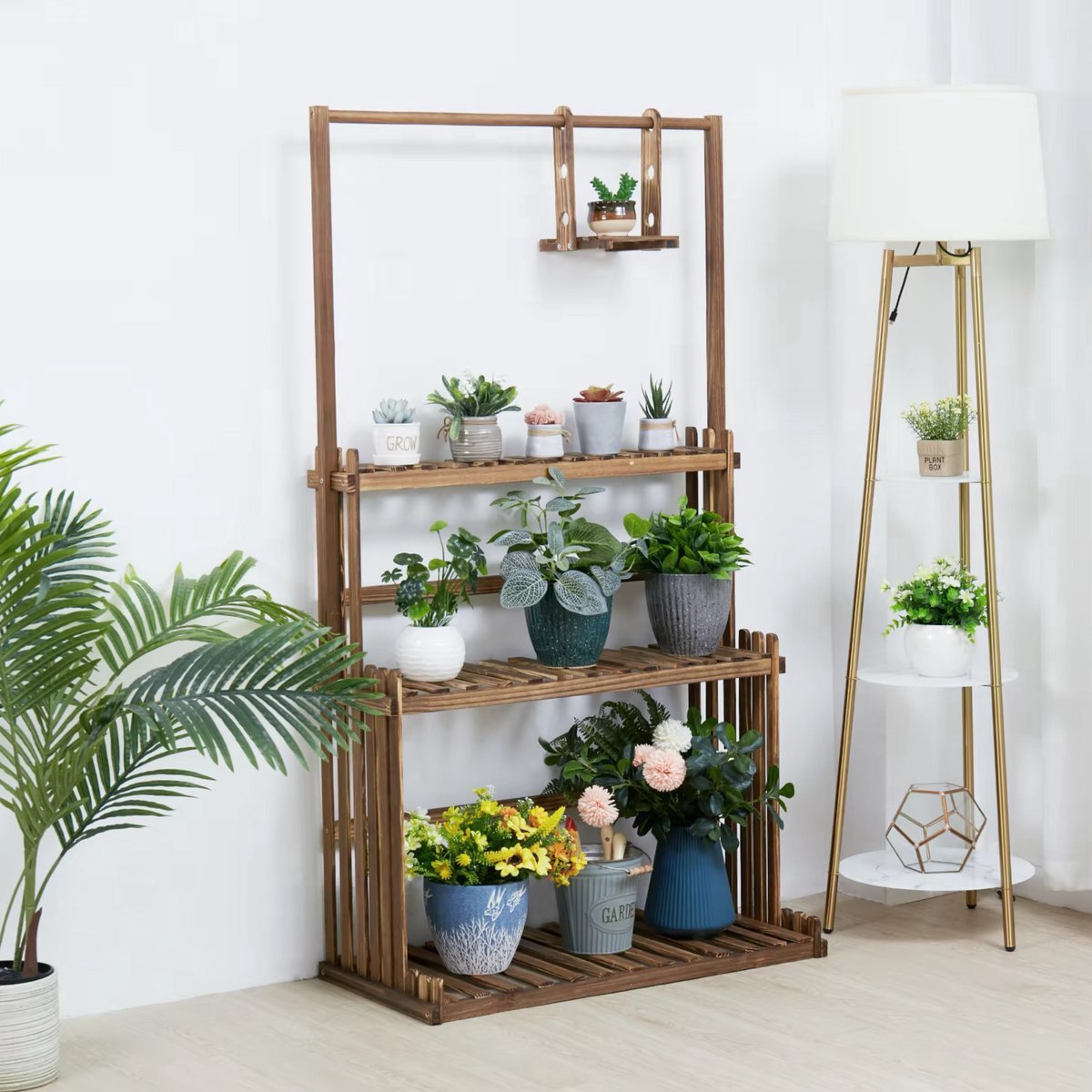 Velano Houten plantenstandaard - 3 lagen - Bloemenrek - Bonsai plantenrek - Voor binnen & buitengebruik