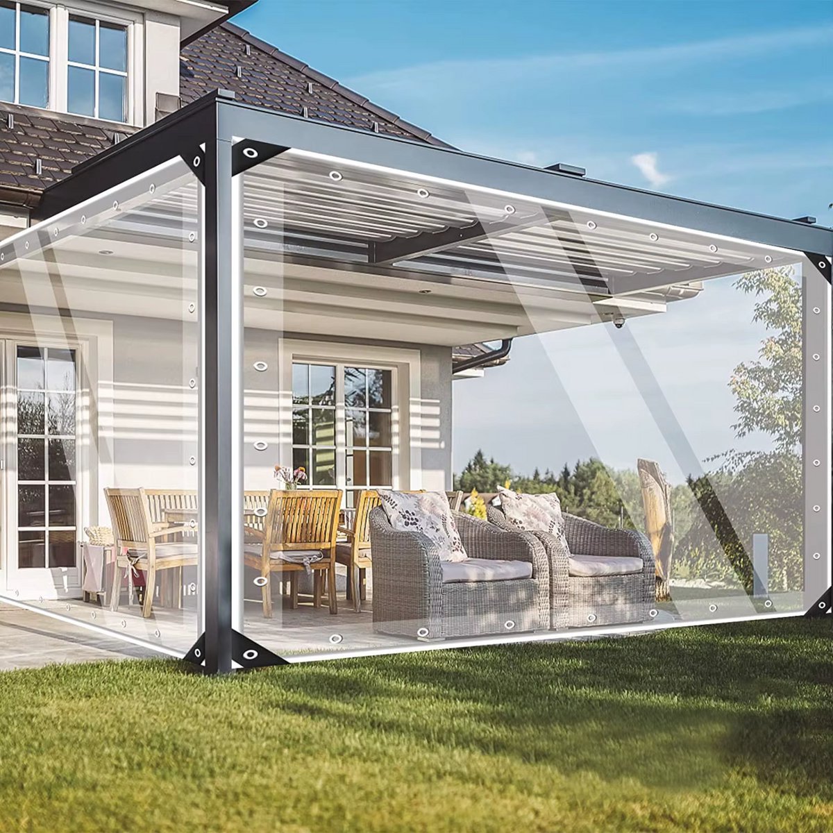 Transparant PVC-zeildoek Vortex - Waterdicht - Met oogjes - Weerbestendig - Zeil voor tuinmeubels of veranda - 200x500cm