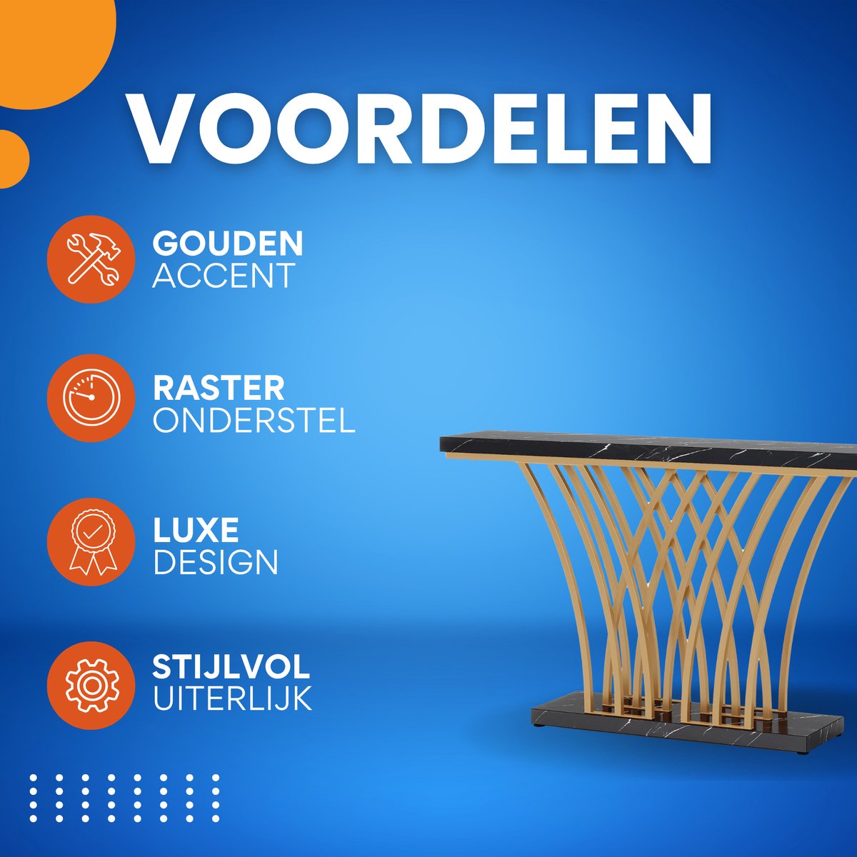 Consoletafel Novio - Goud - Sidetafel - Wandtafel - Haltafel - Zwart - Woonkamer - Zwart Marmerlook
