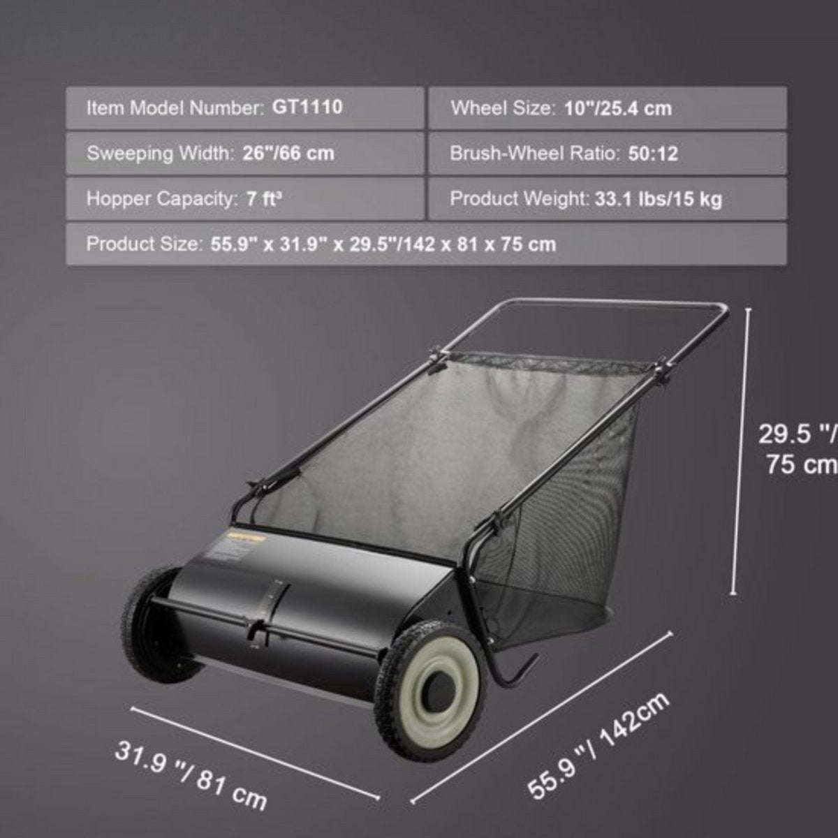 Handmatige hark grasmaaier PRO - Snel bladeren en takken verzamelen - Handmatig Grasmaaier - 66cm Veegbreedte - 198L Capaciteit