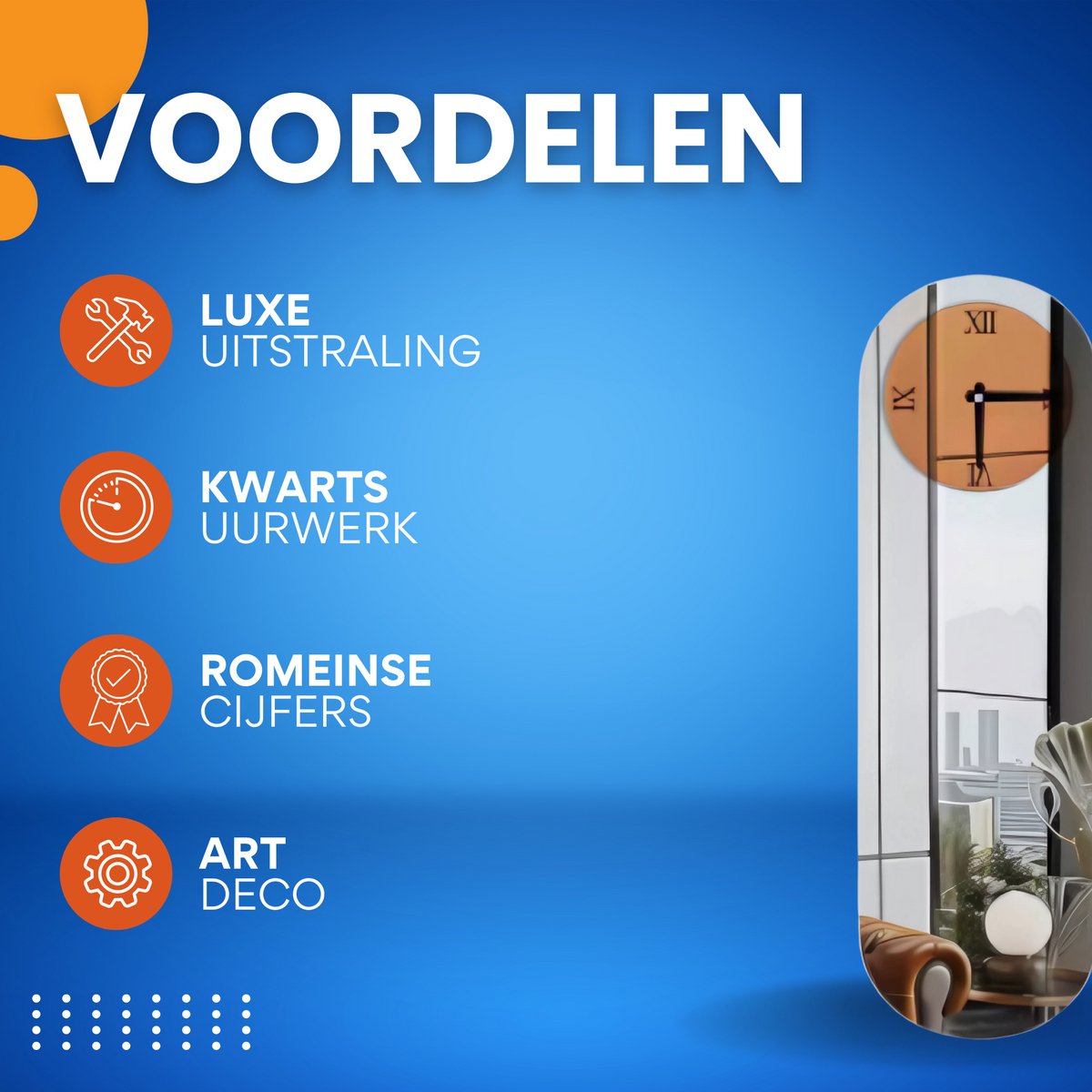 Langwerpige Wandklok - Bruin Getint met Zilveren Gespiegelde Romeinse Cijfers - Moderne Decoratieve Klok voor Woonkamer