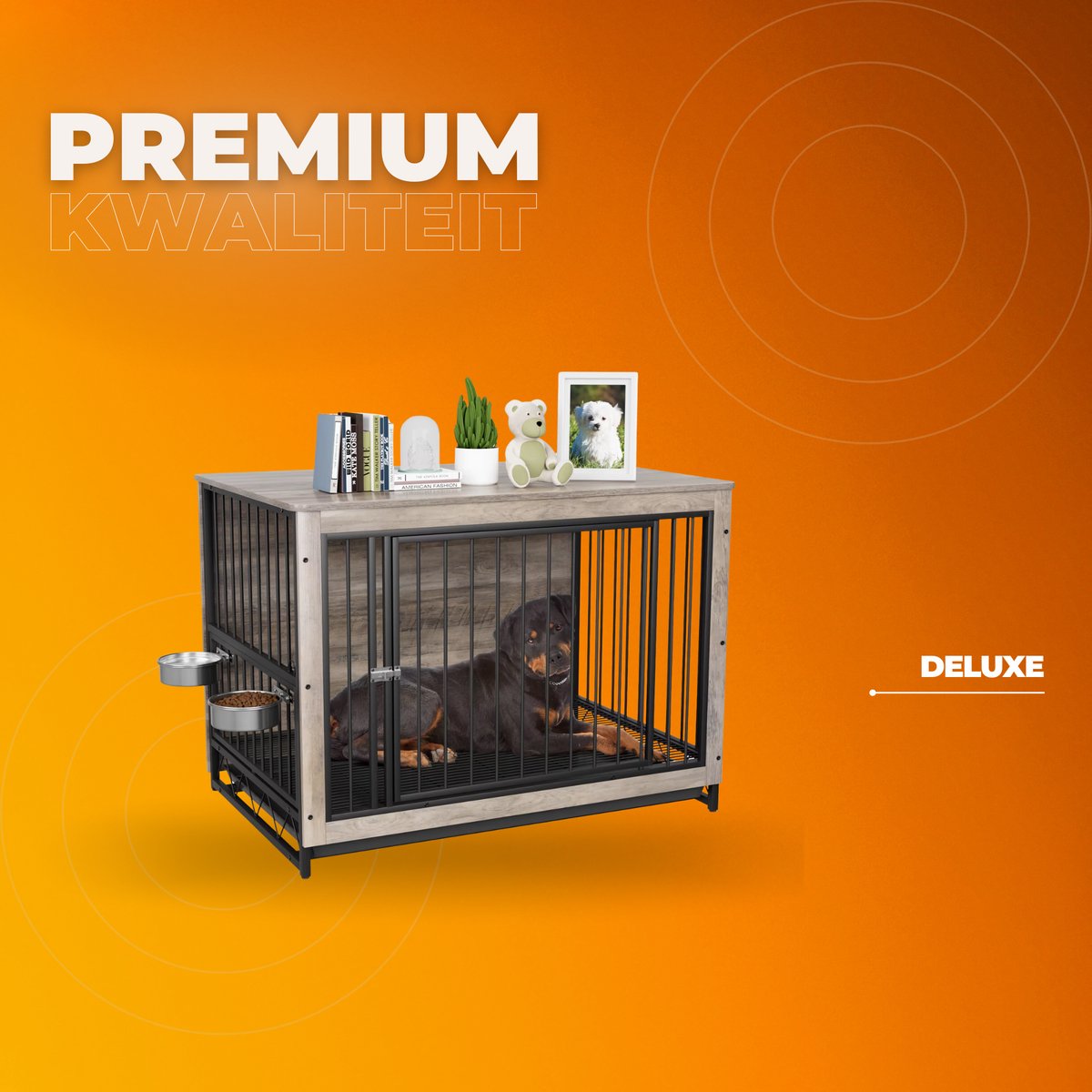 Houten Hondenbenche - Hondenren - Hondenkrat Bijzettafel met Afneembare Kommen en Dienblad - Dubbele Deuren Hondenkennel voor Middelgrote Honden Binnen - 112 x 73 x 78 cm - Grijs